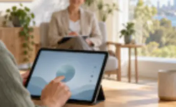 An adult using a tablet during a calm psychology consultation about attention support.