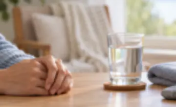A person resting their hands beside a glass of water, towel and smooth stone in a calm room