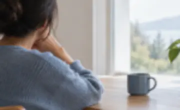 An adult seated beside a blue mug in a quiet, softly lit room, looking out a window
