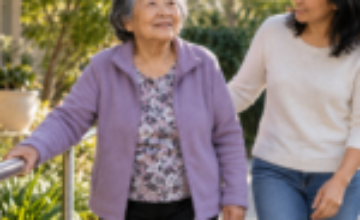Older Chinese woman walking on a level garden path with a family member nearby