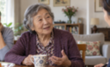 Older Chinese woman talking at home with her daughter and a support worker