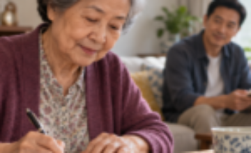 Older Chinese woman making notes at home with a family member nearby