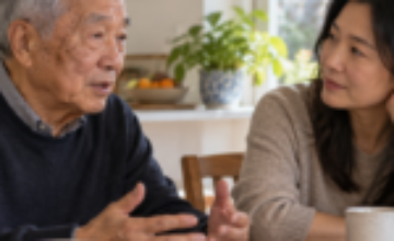Older Chinese father speaking at a kitchen table as his adult daughter listens