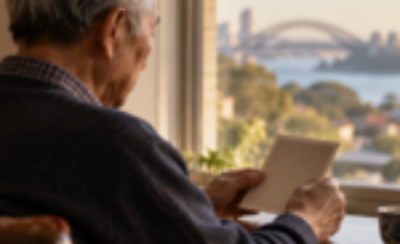 Older Chinese man quietly looking at a photograph beside a window